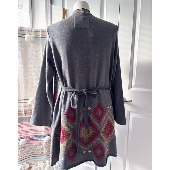 Johnny Was Grey Red Embroidered Aztec Wrap Draped Cardigan Sweater Women’s Large - Picture 2 of 9